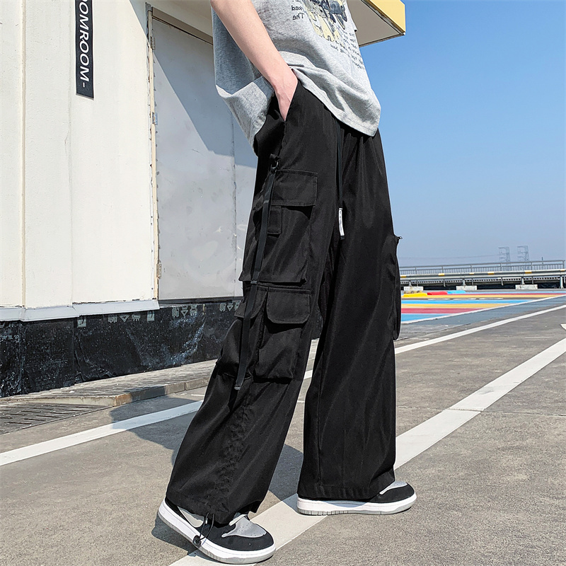 Frühling Grün Schwarz Breite Bein Hosen Männer Tasche Ladung Hosen Männer Streetwear Koreanische verlieren Gerade Hosen Herren Hosen S-2XL
