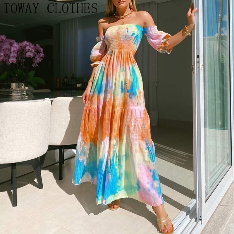 Vrouwen Blauwe Jaren 1950 Jurk Off the Shoulder Swing Jurk met