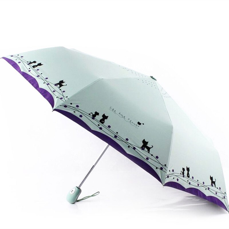 Oprindelige søde kat automatisk regn parasol kvinder bærbar vandtæt parasol vindtæt foldbar paraply: Lysegrøn