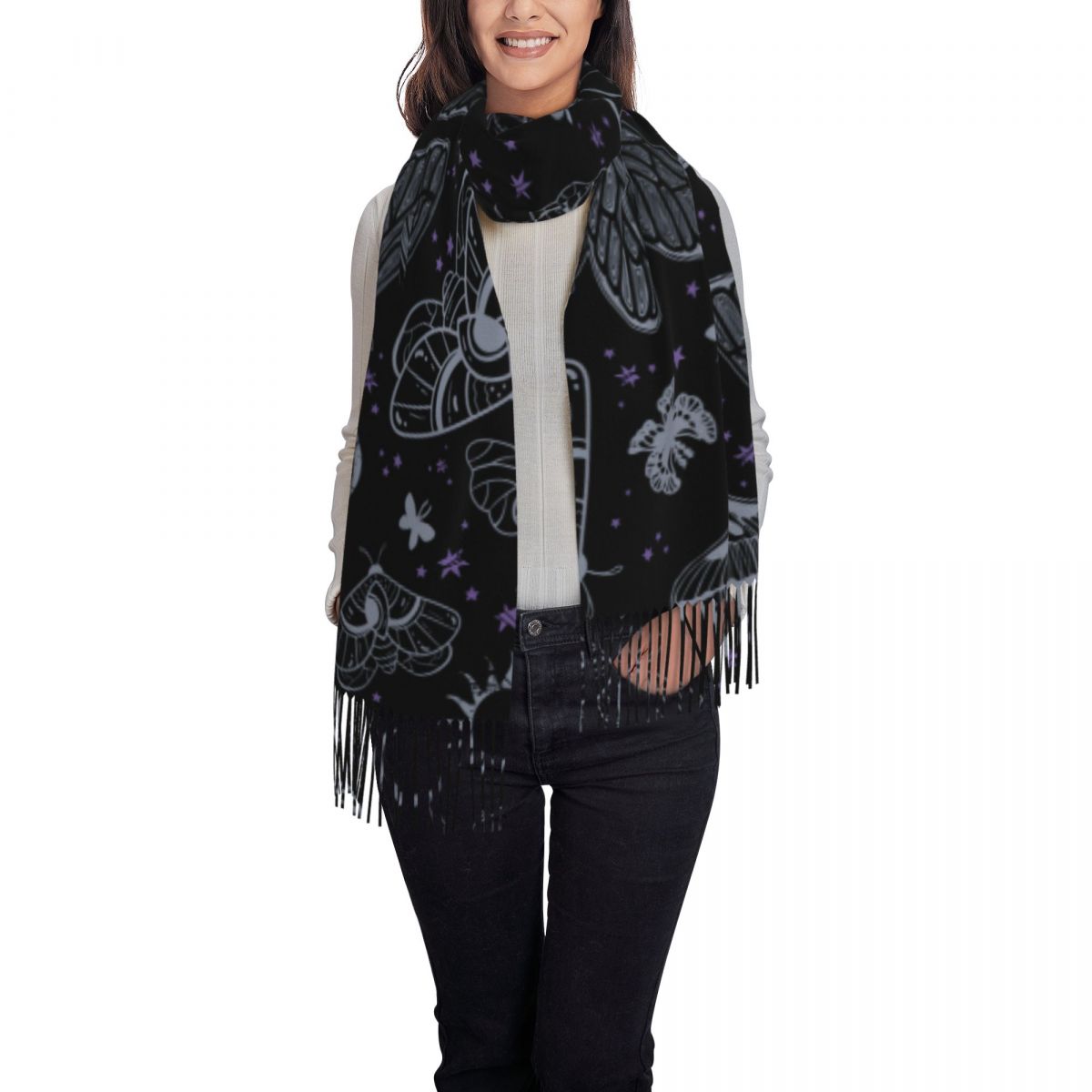 Bufanda celestial con estampado personalizado de cigarra esotérica y polilla, bufandas cálidas para hombres y mujeres, chales góticos con de sol y luna
