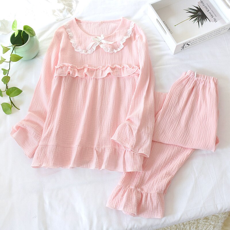 Vestido de algodón monocromático con cuello de muñeca, ropa de lactancia horizontal, lavado fino, pijamas de manga larga de crepé: Rosa / XL