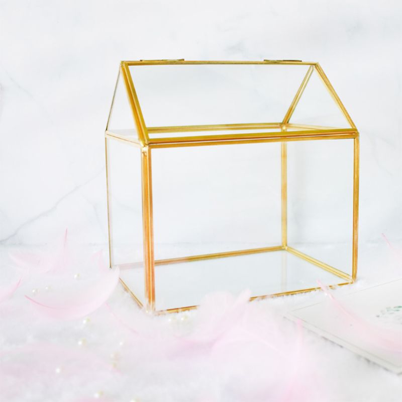 Geometric Glass Decor Terrarium Centerpiece Tabletop Planter Handmade Copper House Shape Flower Pot for Plants Succulents