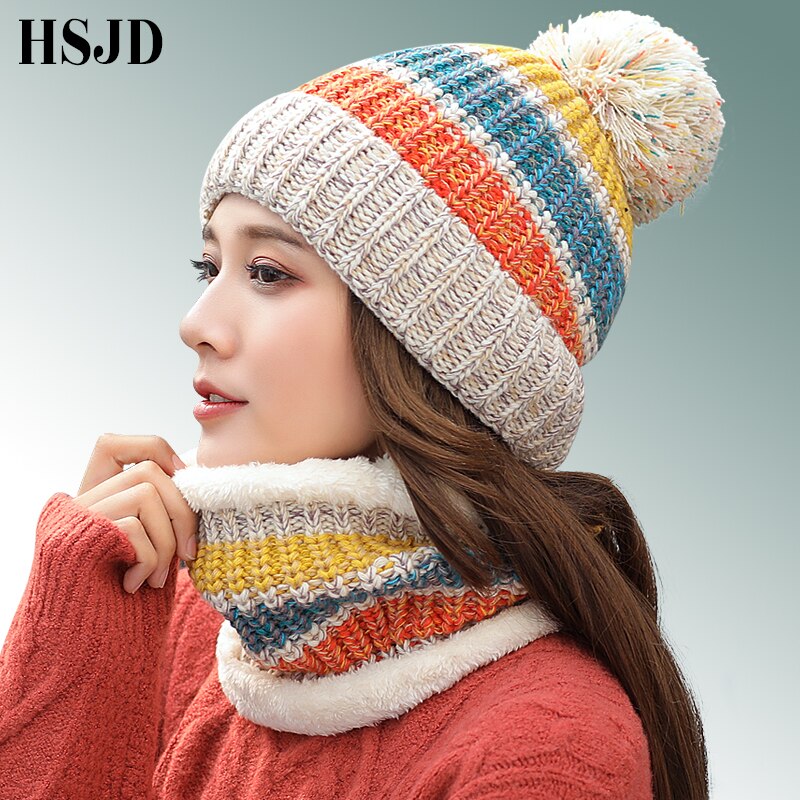 Gorros de invierno para mujer, gorros tejidos a rayas de Color mixto, conjunto de 2 piezas, gorros gruesos y cálidos, gorros, gorros para mujer