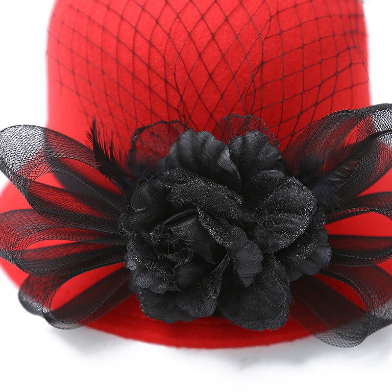 Sombreros de fieltro de lana roja de Estilo Vintage , sombrero con plumas de lana clásica roja para mujer, Gorra de fieltro a la para mujer