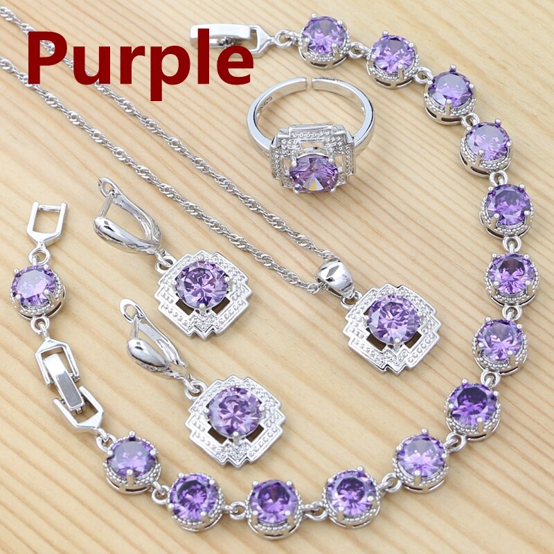 Conjunto de joyería de plata 925 para mujer, anillo redondo rojo granate, pendientes, pulsera, colgante, cadena, joyería cuadrada: Morado
