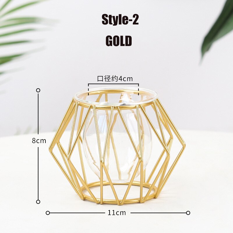 Terrario florero de vidrio dorado nórdico, florero de línea de hierro geométrico hidropónico para plantas, soporte de Metal para plantas, decoración moderna para el hogar:  style-2 Gold