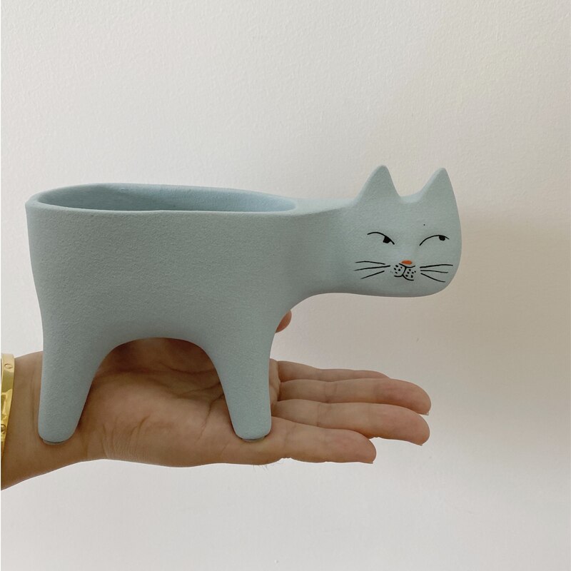 Mignon chat queue bonsaï pot de fleurs dessin animé Animal en céramique Vase personnalité Cactus plante succulente Poted bureau jardin décoration: blue