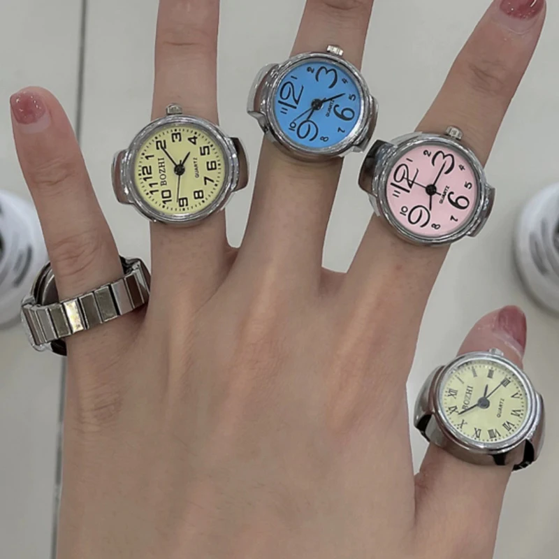 Anillo de reloj colorido para hombre y mujer, puntero Retro plateado, reloj de cuarzo, anillos para dedo, correa de aleación Punk, relojes, accesorios de joyería