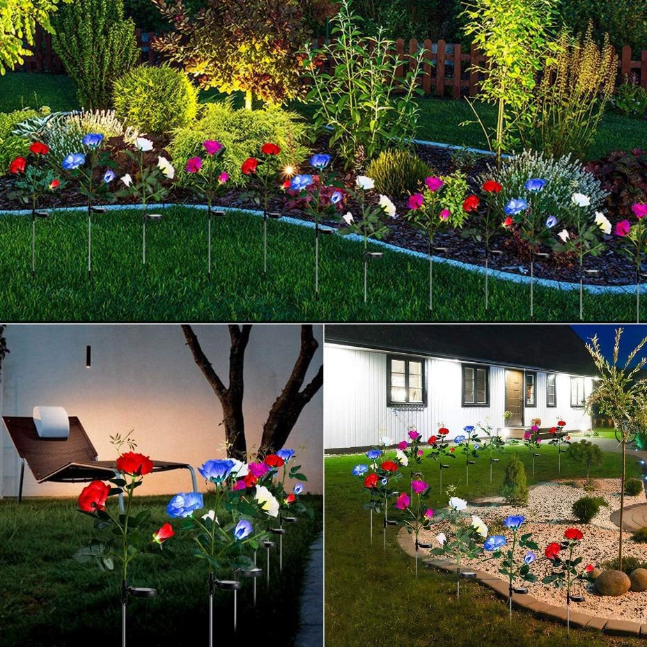 LED-verlichting op zonne-energie Rose gazonlamp rood blauw geel roze witte bloemlantaarn 5-kops buitenlicht voor bruiloft binnenplaatsdecoratie