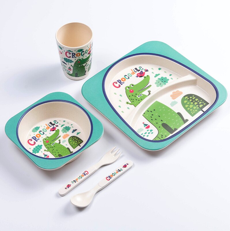 Bamboo Fiber Children&#39;s Tableware Set Baby Cartoon Rice Bowl Fork Spoon Children&#39;s Meal Partitioned Baby Dinner Plate