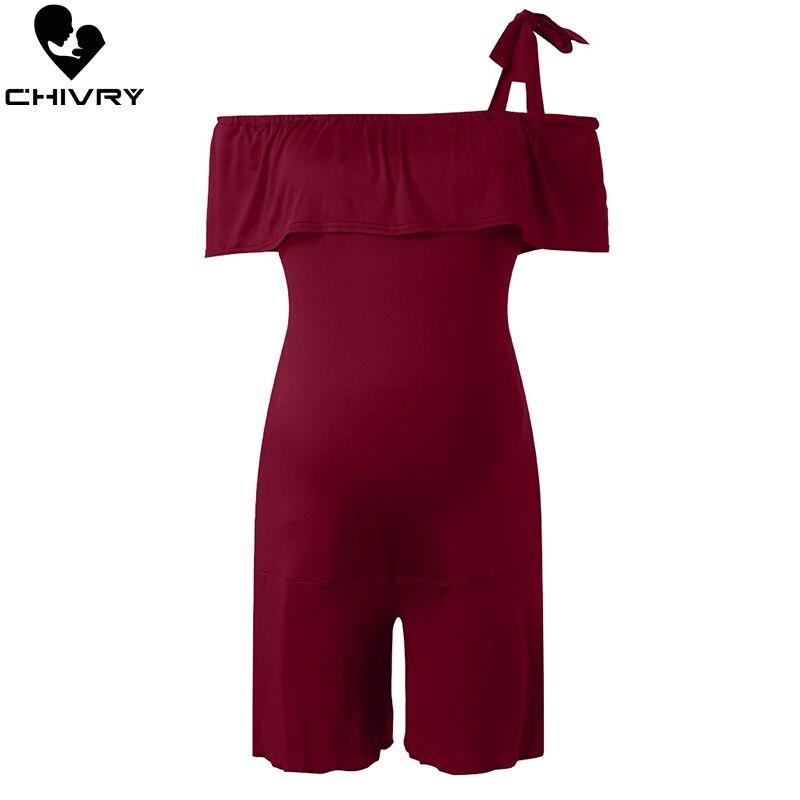 Summer Women Maternity Rompers Ruffles Slash Neck Pregnancy Jumpsuit Solid Pregnant Women Romper Playsuit
