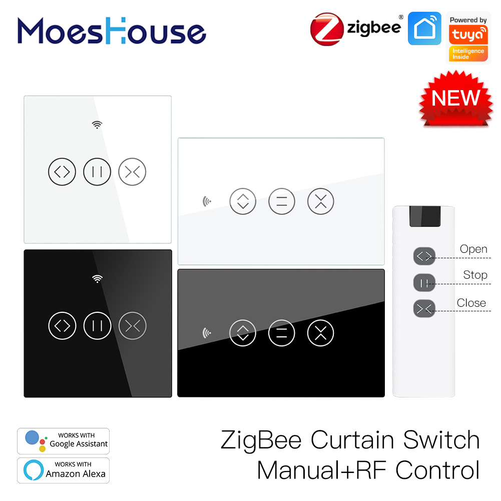 ZigBee RF Smart Touch Curtain Switch Roller Blinds Shutter Tuya Smart App Wireless Control Relay Status Works with Alexa Google