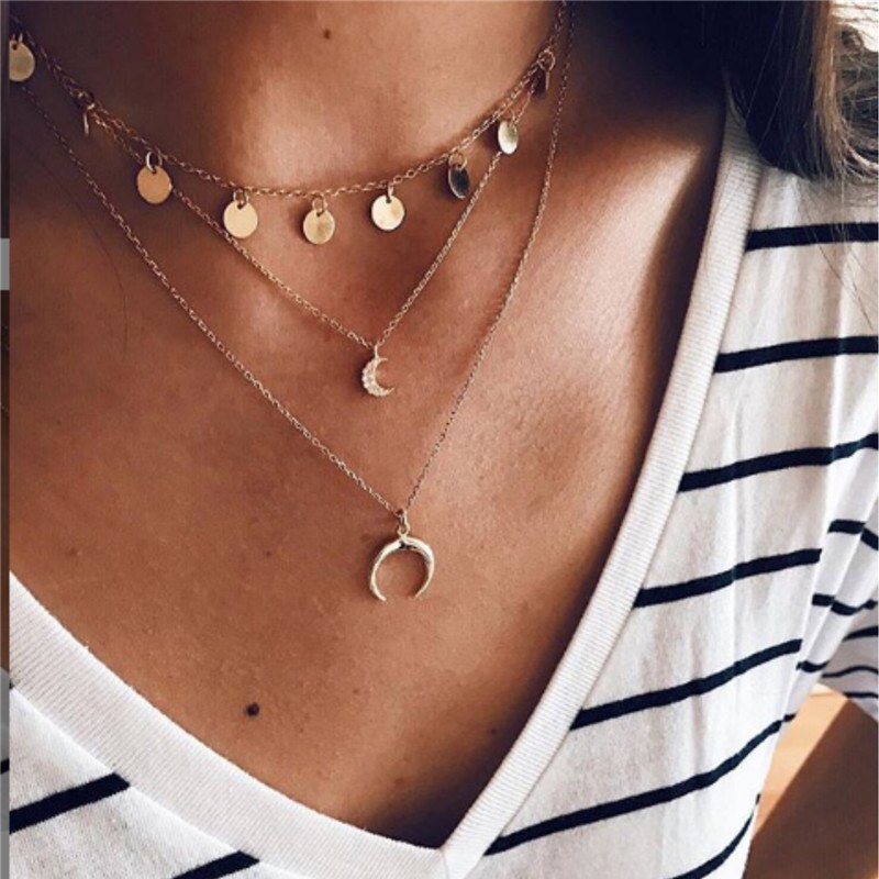 LETAPI Vintage Multilayer Crystal Hanger Ketting Vrouwen Goud Kleur Kralen Moon Star Hoorn Crescent Choker Kettingen Sieraden