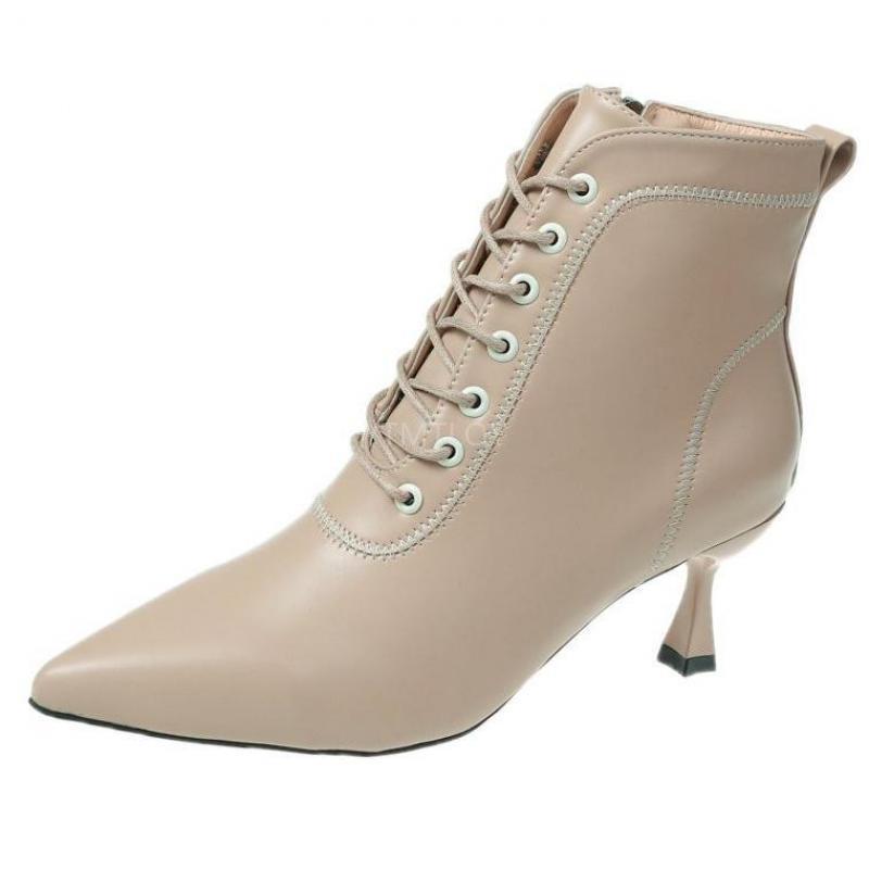 Stijl leren puntige neus stiletto hoge hakken winter streetwear veter enkellaarsjes kruisstrik chelsea boots: Beige / 35