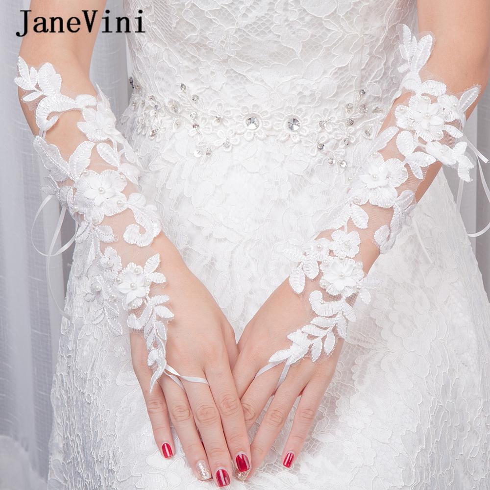 JaneVini White Long Wedding Gloves Fingerless Lace Appliques Pearls Opera Length Gloves Bridal Wedding Accessories