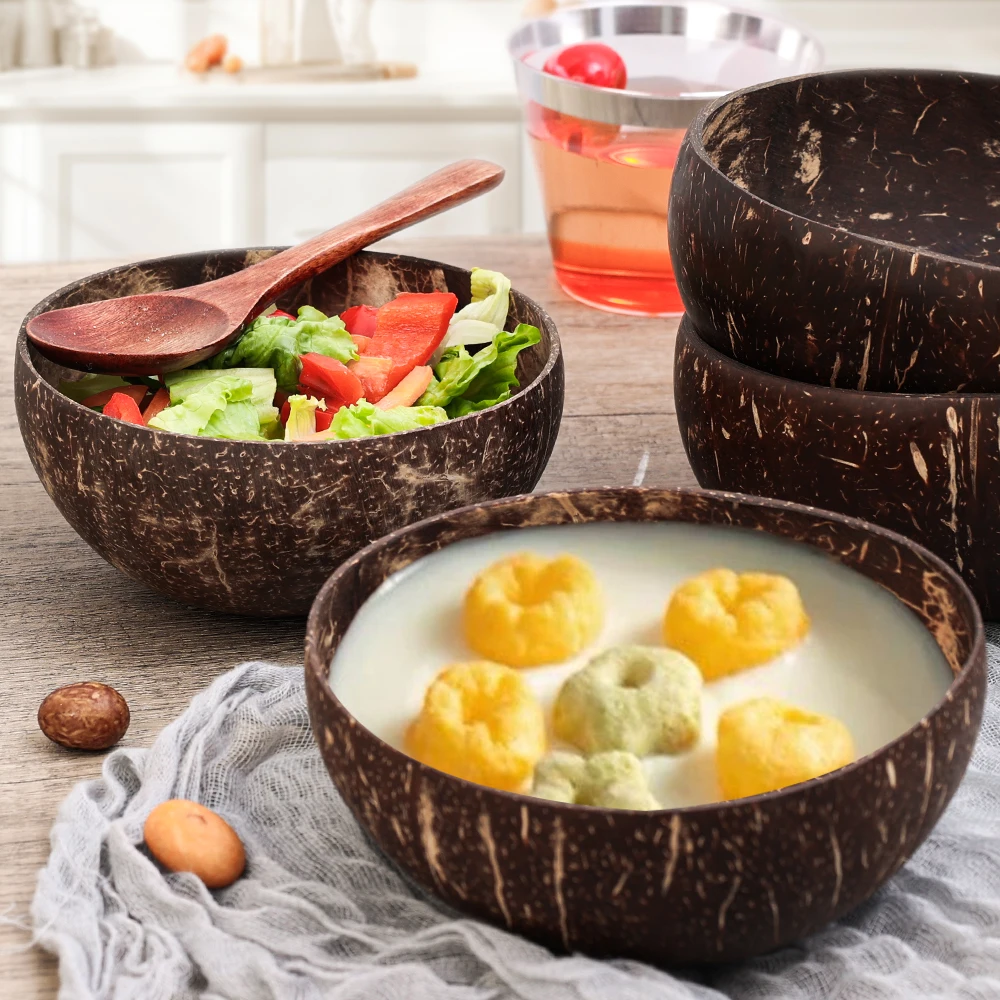 Natural Coconut Bowls For Serving Dishes Wooden Reusable Bowl Utensils Wood Spoon Natural Coconut Shell Bowls Kitchen Dinner Set