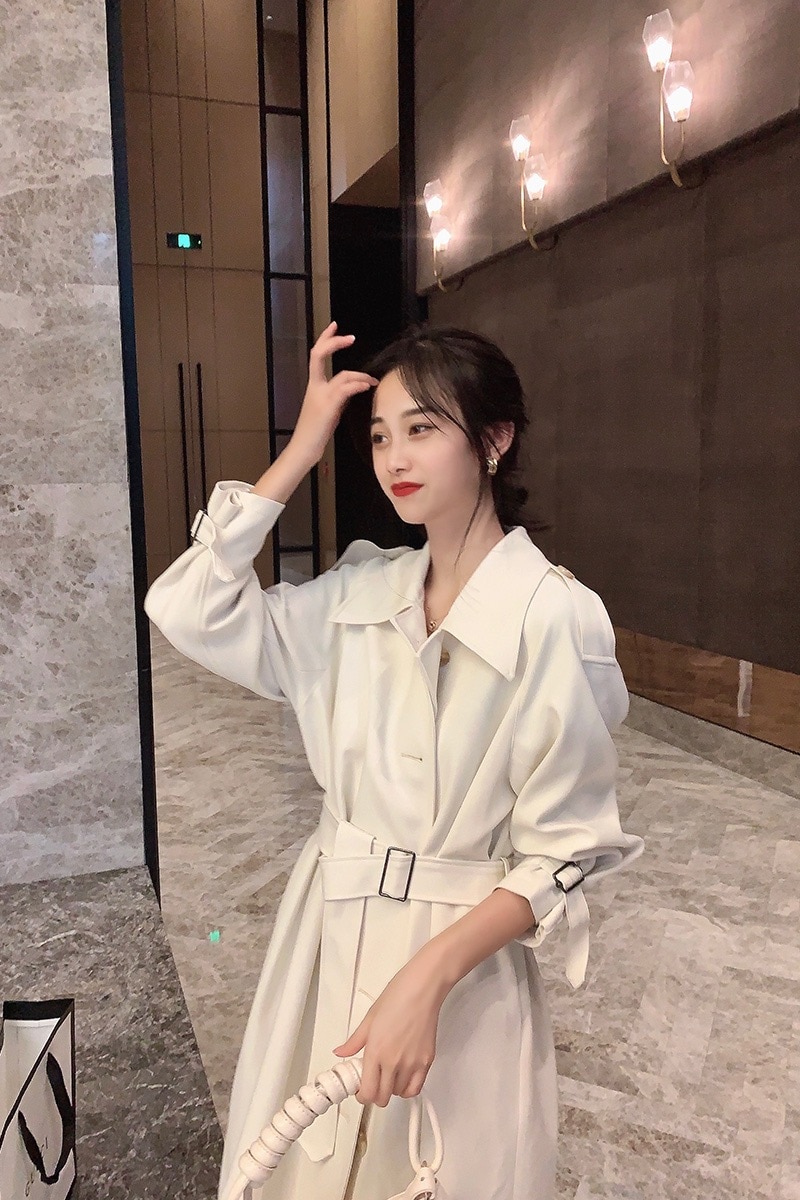 Autumn Winter Korean Long Knee Length Coat Women's White Windbreaker
