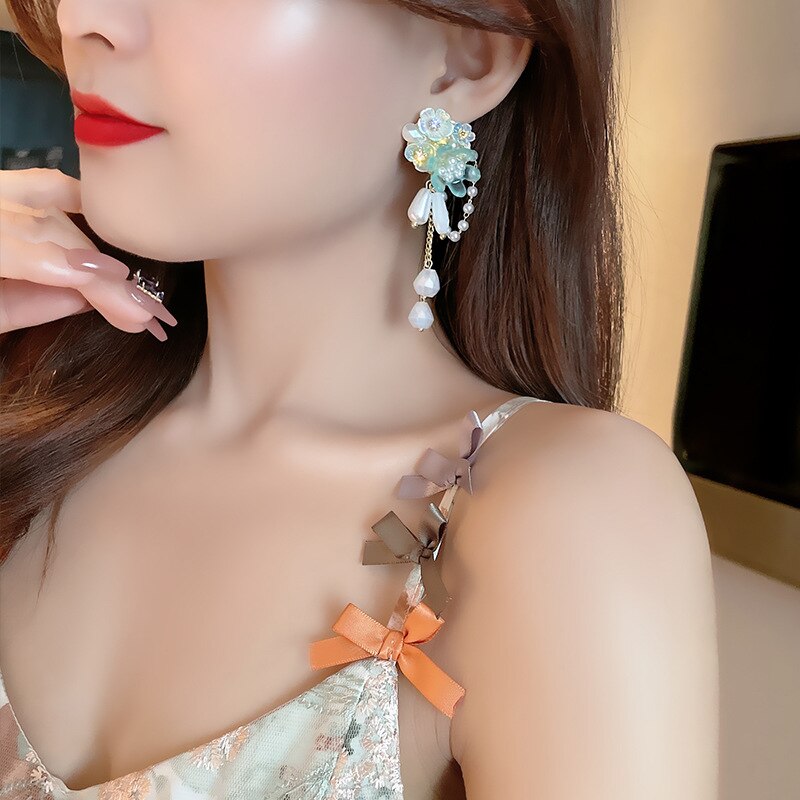 Oval Pearl Resin Flower Tassel Summer Earrings Beach Jewelry Boho Green pendientes