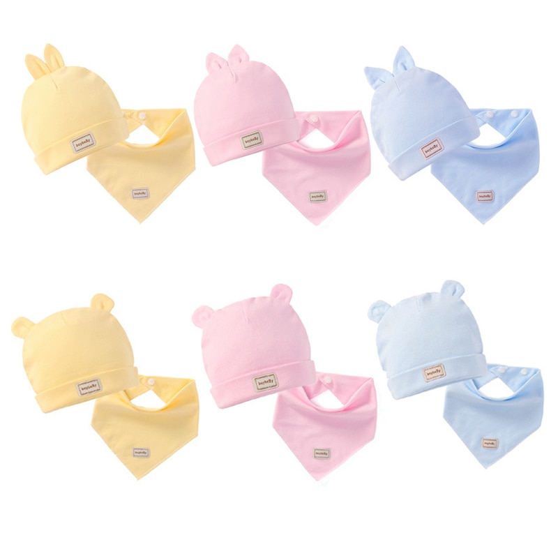 0-3Month Baby Hoed Slabbetjes Jongen Meisje Mutsen Leuke Pure Kleur Oren Motorkap Baby Hoeden Peuter Kids Katoen Kwijlen Handdoek Outdoor cap