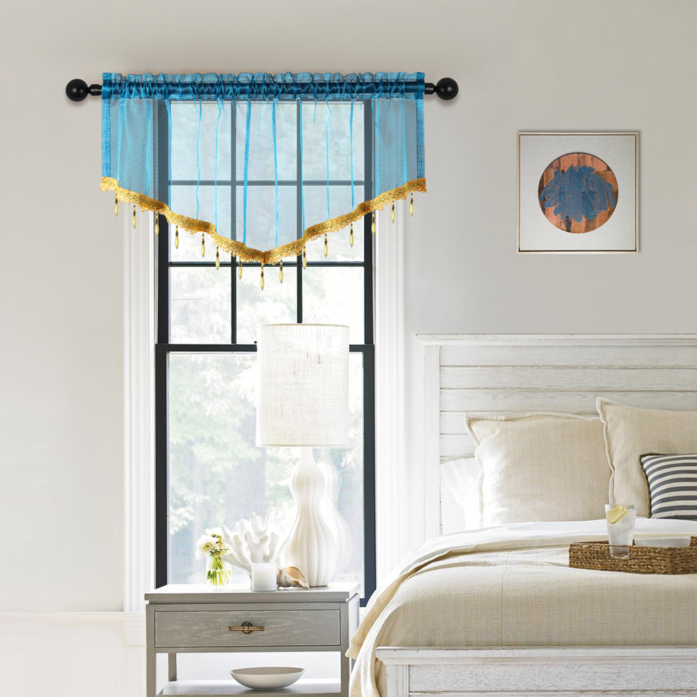 1Pc Pure Kleur Gordijn Valance Met Kralen, Staafzak, Modern Nieuw Valance Voor Woonkamer, Transparante Dunne Doorschijnende Valance: Blauw