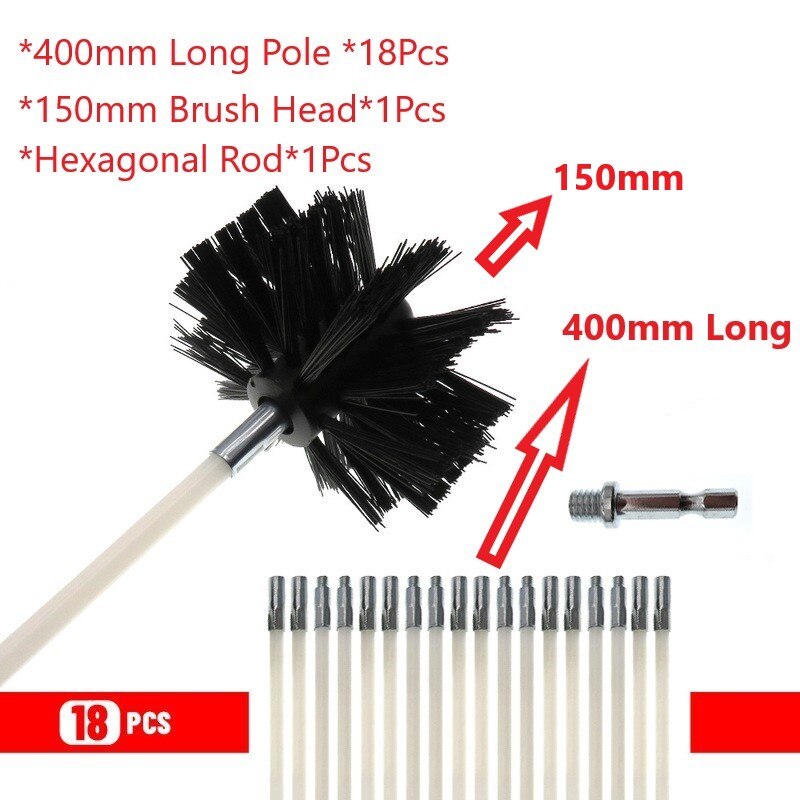 150mm Rotary Chimney Brush Long Handle Flexible Rod For Chimney, Dryer Pipe，Fireplace Inner Wall And Roof Cleaning Tools: 18Pcs 400mm Pole