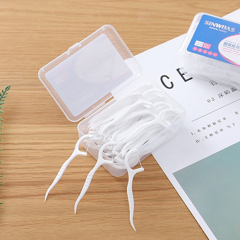 Disposable Superfine Dental Floss Picks Stick Bow-Shaped Tooth Cleaner Toothpick Oral Hygiene Tool With Portable Case 50Pcs/Box