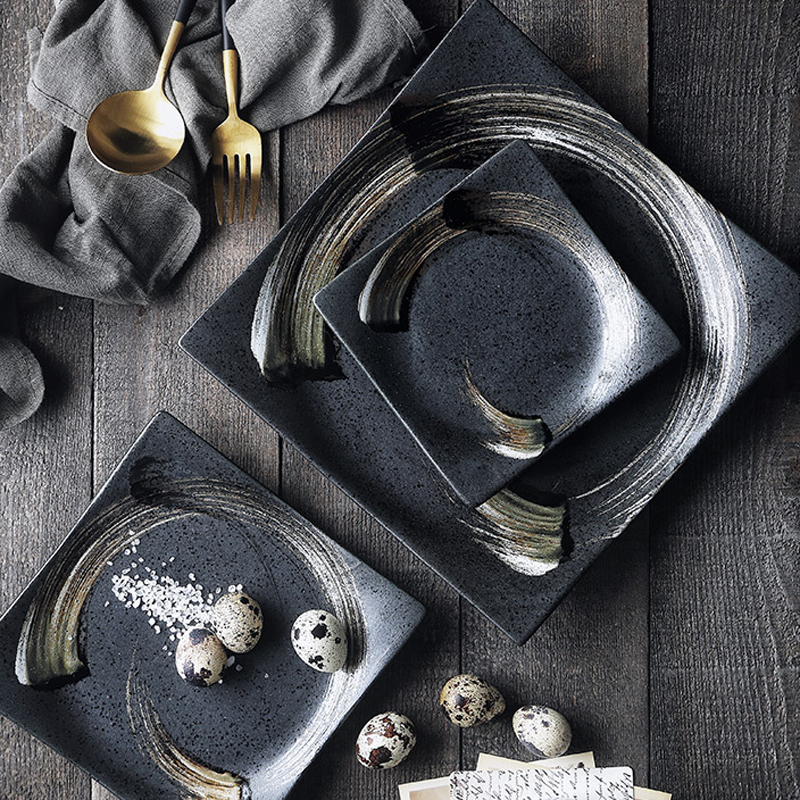 Japanese Retro Square Ceramic Tableware Black Dinner Plate Tray Dessert Steak Sushi Cake Dishes Home Restaurant Flat Plates