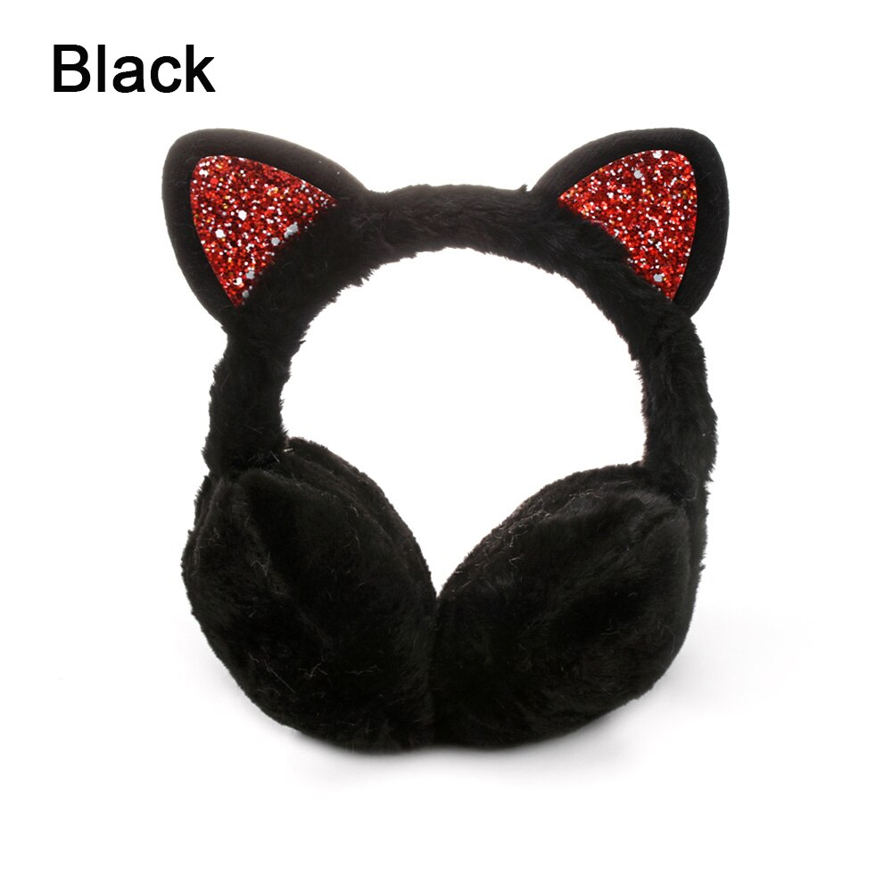 Lovely Winter Ear Muffs Ear Warmer Thicken Plush Unicorn Earmuffs Fluffy Sequin Ear Cover Cute for Cold Weather: Cat-black