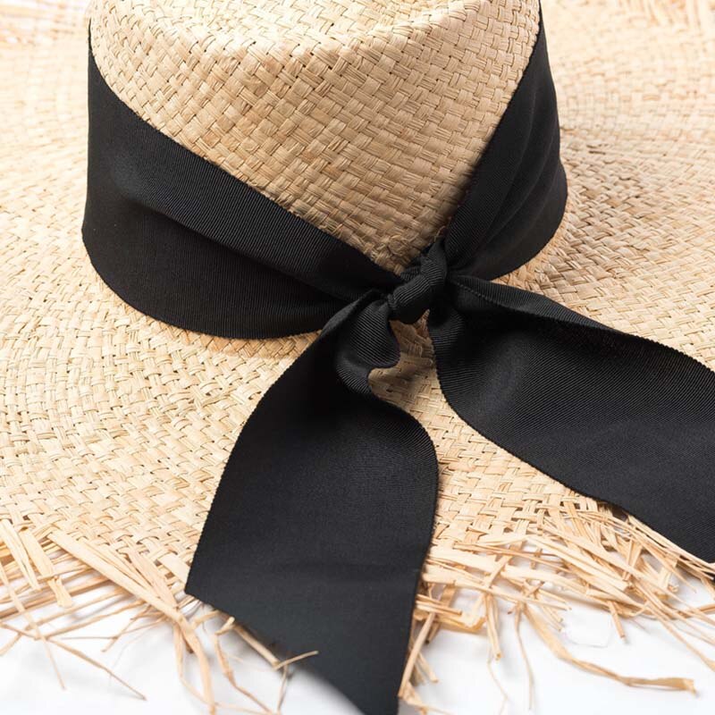 Sombreros Floppy de rafia elegantes para las mujeres negro blanco lazo visera del sol sombreros con flecos ala grande playa gorros con protección UV verano sombrero