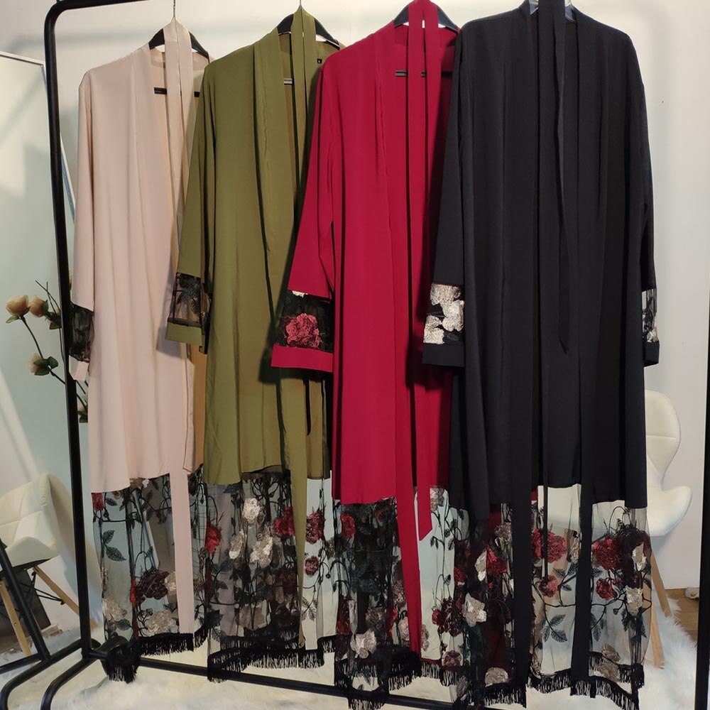 Midden-oosten ramadan kimono borduurwerk arabische cardigan kaftan islamitische kleding moslim vrouwen jurken open abaya dubai