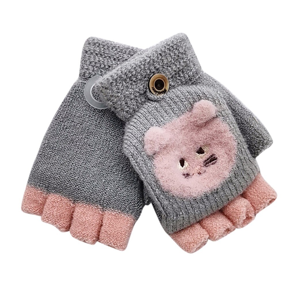 Guantes con estampado de dibujos animados para bebé, para invierno, cálidos, convertibles, con tapa, sin dedos, para invierno: Gray