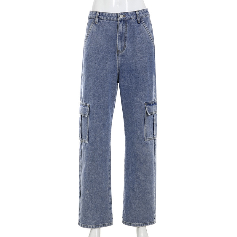Yyxz lente herfst schattige losse grote zakken sml 3 kleuren hoge taille vrouw casual katoenen denim broek dames jeans broek: Blauw / S