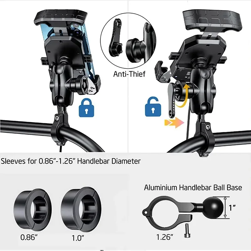 Motorcycle Wireless Phone Mount Fast Charger Stand 15W & USB C 3A Handlebar Anti Theft Motor Motorbike Holder For 4.0-7.0" phone
