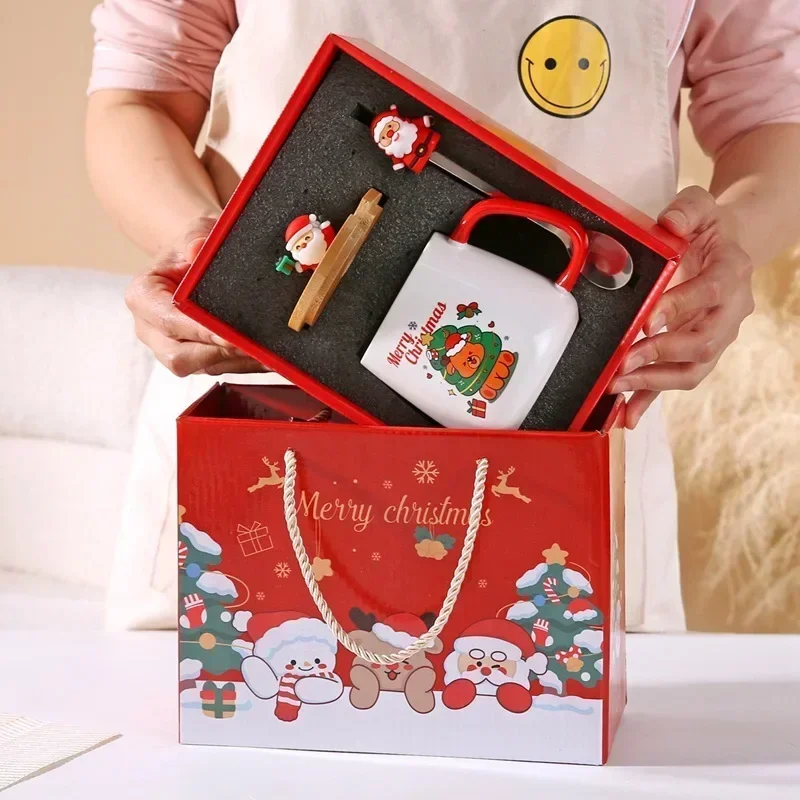 Mok Geschenkdoos Keramische mok Kerstcadeau Keramische mok met deksel met lepelset Beker Kopje Koffiekopje Kerstmis: Black