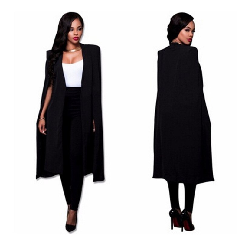 Longue veste-cape pour femme, blazer long, cape, manteau féminin, , noir blanc, personnalité, col ouvert, fente, veste, costumes, vêtements travail