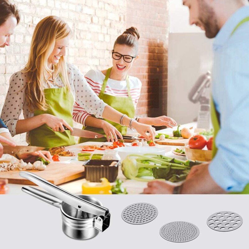 Stainless Steel Potato Ricer Masher with 3 Interchangeable Discs for Fine, Medium, and Coarse, Easy to Use for Potatoes