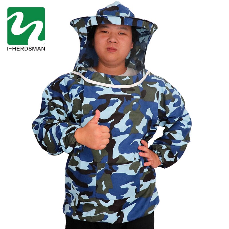 Beschermende kleding voor de bijenhouderij, anti-bijenpak met zwarte sluier en hoed, imkeruitrusting, benodigdheden voor het voeren van bijen, werkkleding: Blauwe camouflage
