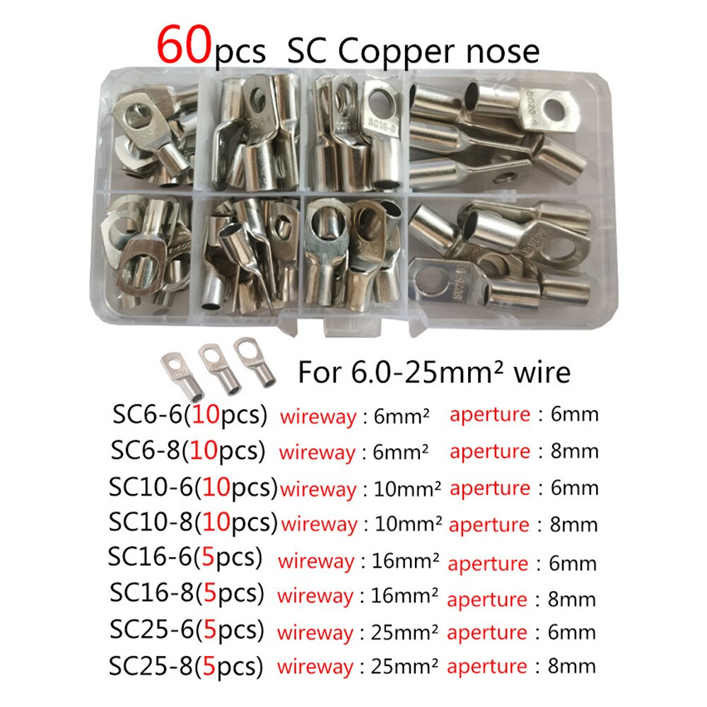 60pcs Assortment Car Auto Copper Ring Terminal Wire Crimp Connector Bare Cable Battery Terminals Soldered Connectors Kit HX-50B