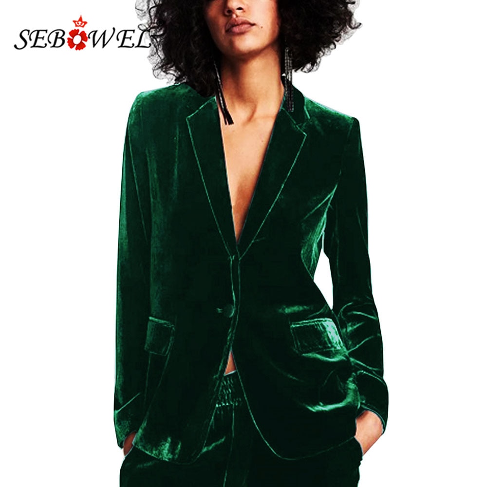 Sebowel verde escuro veludo feminino blazer jaqueta terno elegante casaco feminino fino casual senhora do escritório negócios blazers feminino S-XXL