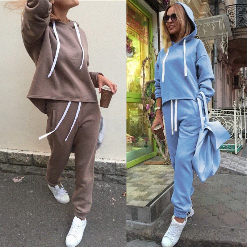 Autumn Tracksuit Long Sleeve Thicken Hooded Sweatshirts 2 Piece Set Casual Sport Suit Women Running Set