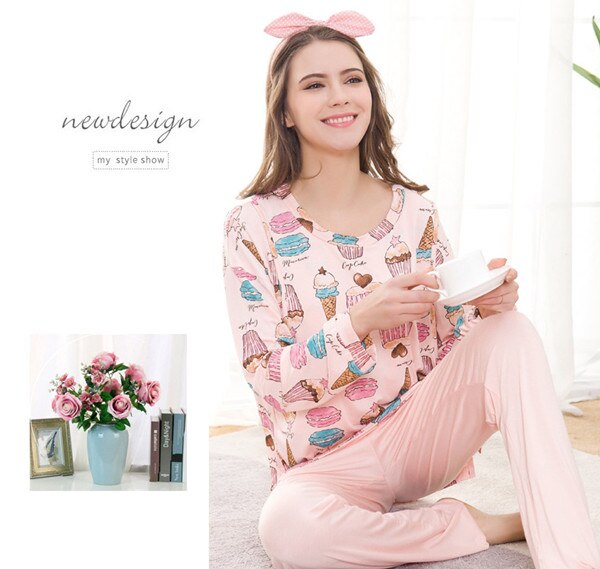 Fdfklak Frühling Herbst Neue modal Pyjama Für Schwangere Stillende Mütter Kleidung Mutterschaft Nachtwäsche Pflege Pyjama F250