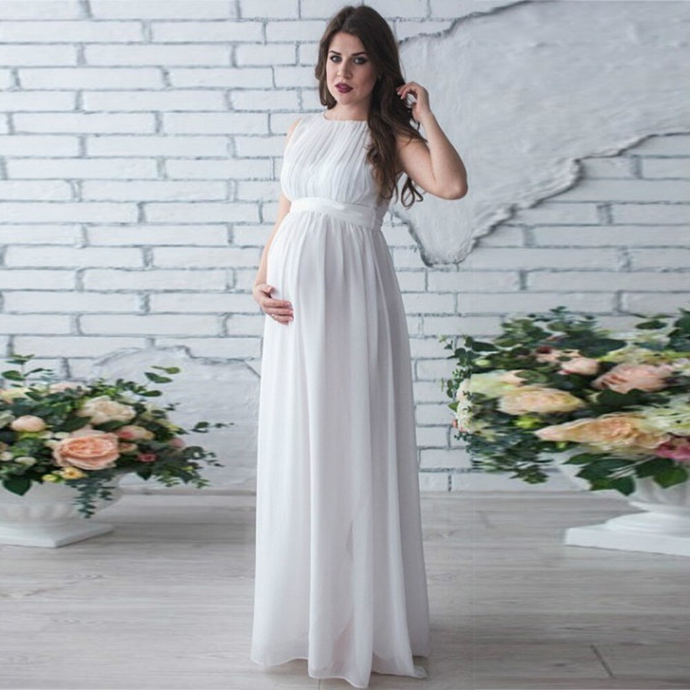 Graviditetskjoler til kvinder fotoshoot chiffon gravid kjole ærmeløs lang og tynd jordfarve kvinder graviditetstøj: Hvid / L