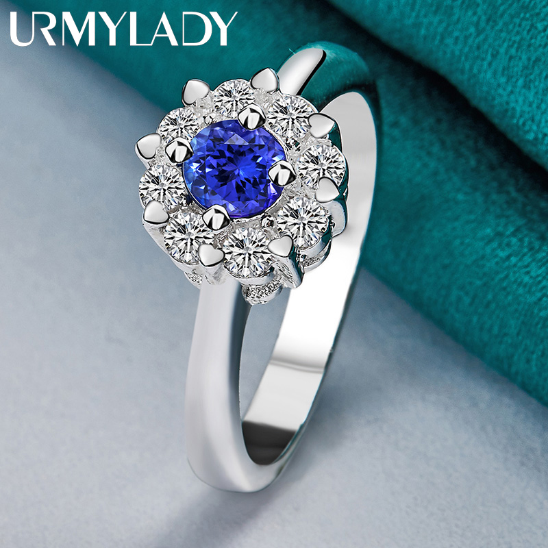 URMYLADY Fiore in argento sterling 925 con zirconi blu 7-10 # Anello per gioielli di moda per feste di fidanzamento e matrimonio da donna