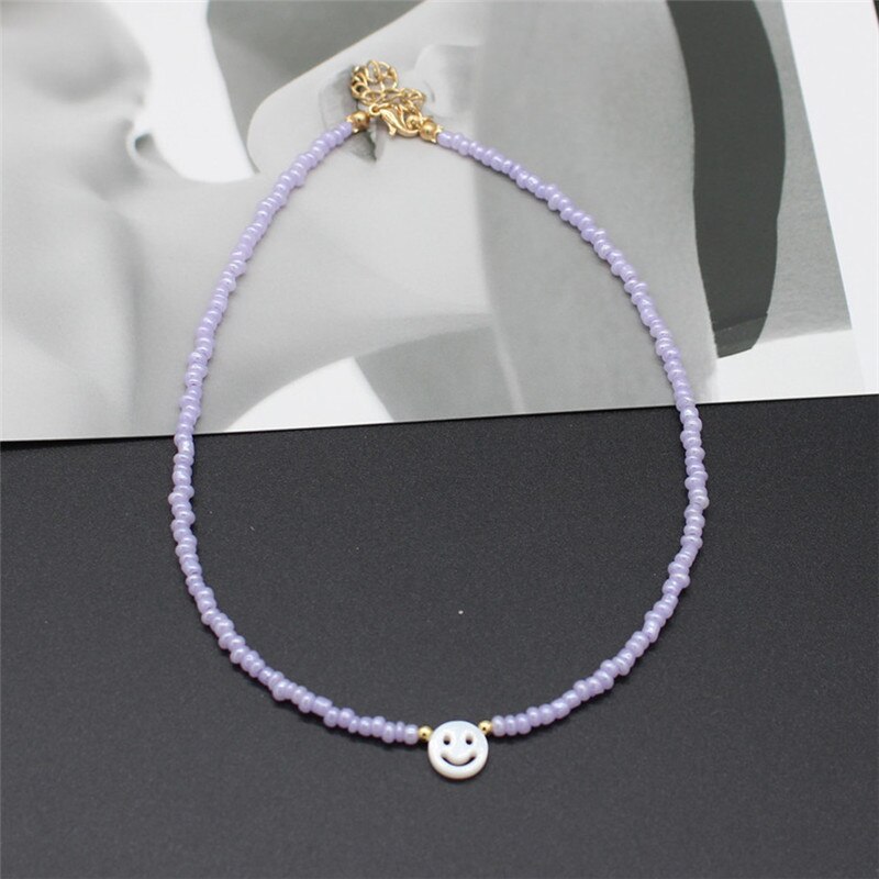 Natural Freshwater Shell Round White Smiley Rainbow Beaded Choker Necklace For Women Chain Jewelry Accessories