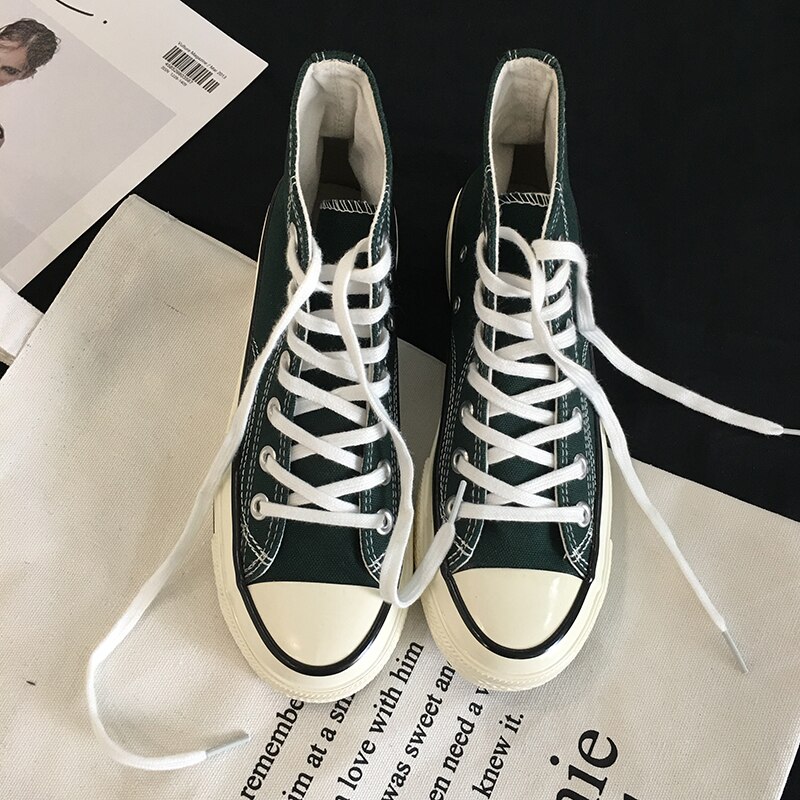 Green High Top Men Casual Shoes Harajuku Lovers Casual INS Pave College Canvas Shoes Unisex Flats