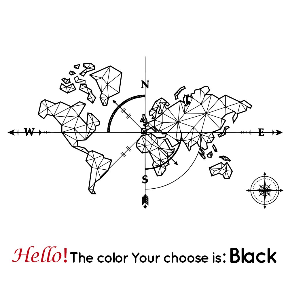 Large World Mape Compass Wall Decal Travel Adventure Exploration Global Earth Vinyl Wall Sticker Office Classroom Kids Room: black