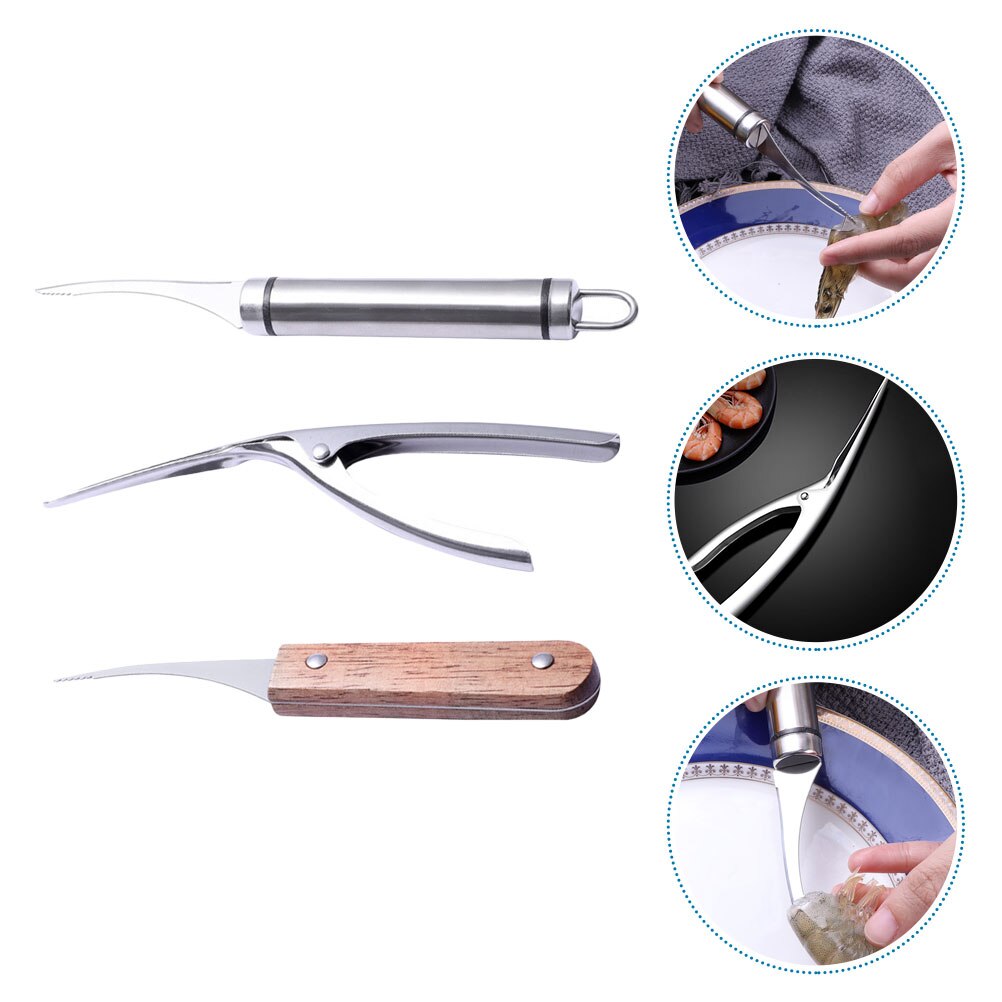 3Pcs Stainless Steel Shrimp Cleaning Tools Shrimp Line Peeling Tools with Wooden Handles: Default Title