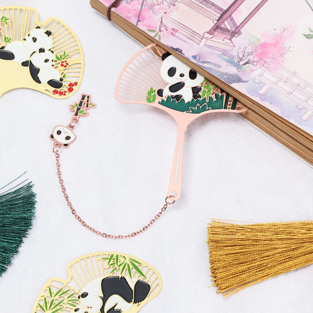 Cute Popular Retro Chinese Style Metal Bookmark Panda Pendant Hollow Bookmark Book Tassel Pagination Mark Stationery Supply