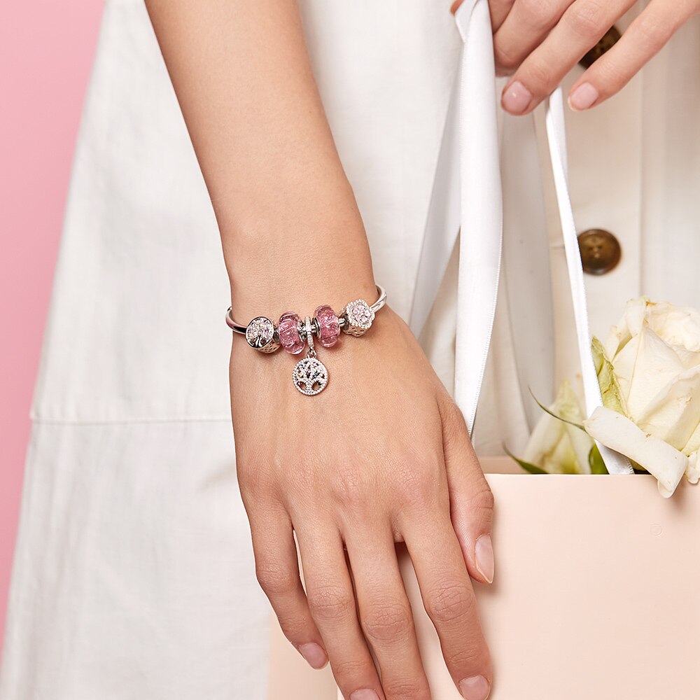 ATHENAIE 925 Sterling Silver Pink Enamel Clear CZ Cherry Blossoms Charms Fit Original Charm Bracelets Necklaces for Women