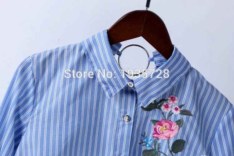 In Boutique Womens Tops Blue Striped Floral Flower Embroidered Blouse Shirt With Ring Neck Trim Detail